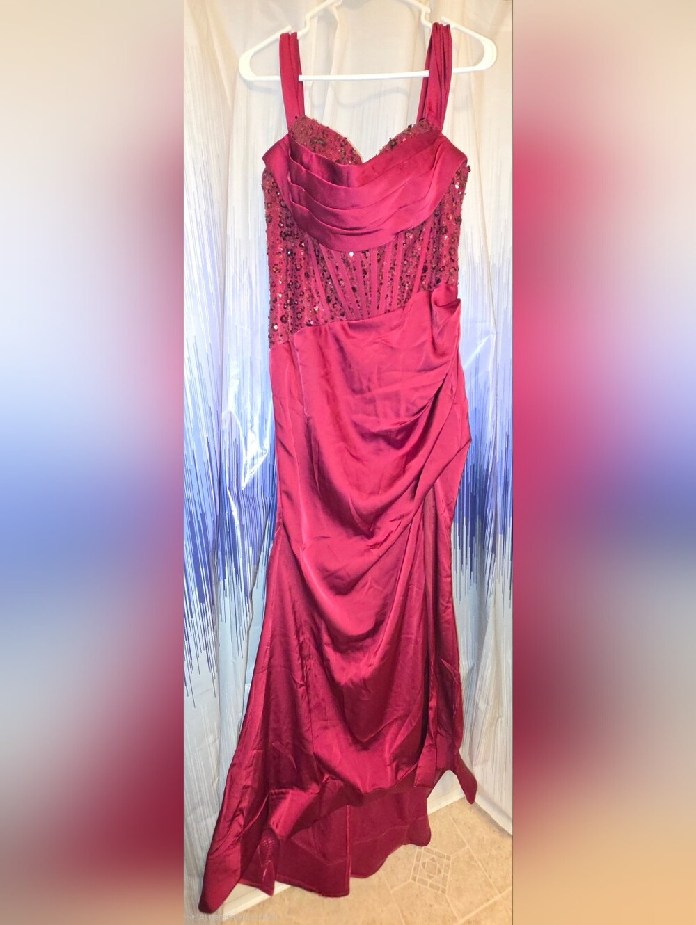 Elegant Burgundy Sequin Draped Prom Gown - Picture 4 of 7